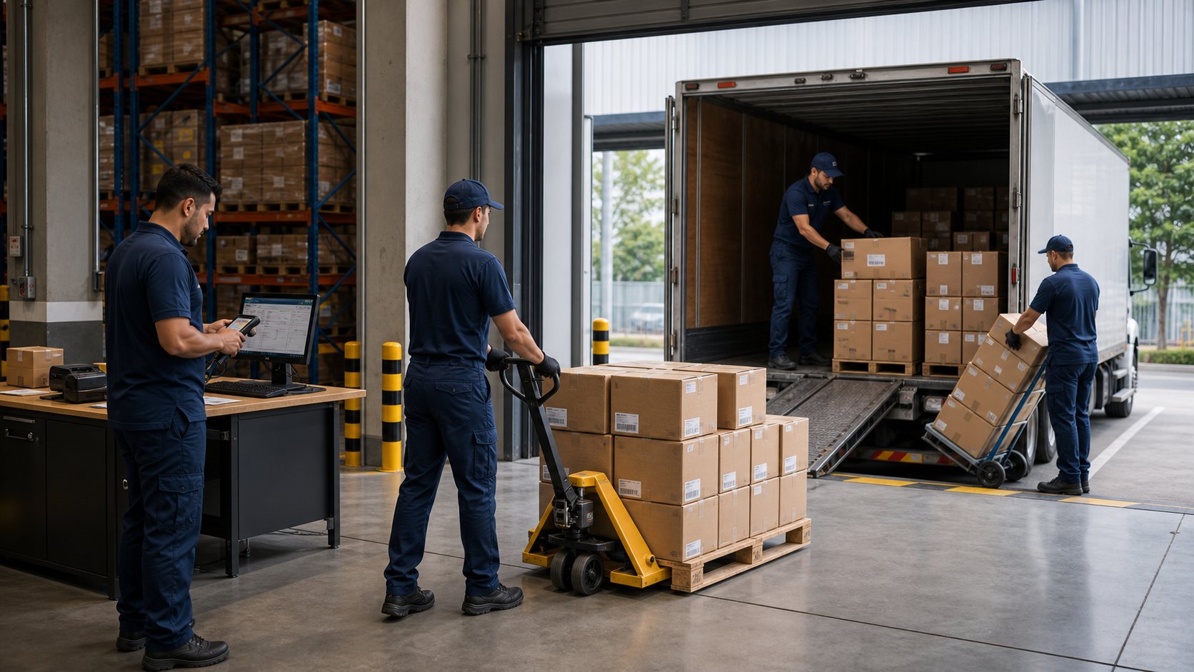 Carga e Descarga - Equipe de carga e descarga movimentando pallets e mercadorias em doca logística