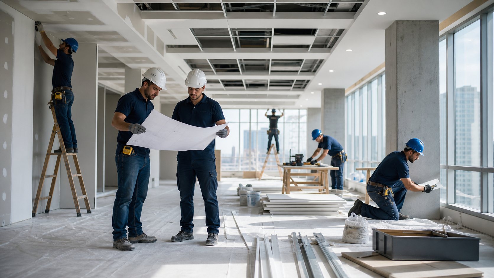 Construção Civil - Equipe de construção civil executando reforma e adequação corporativa