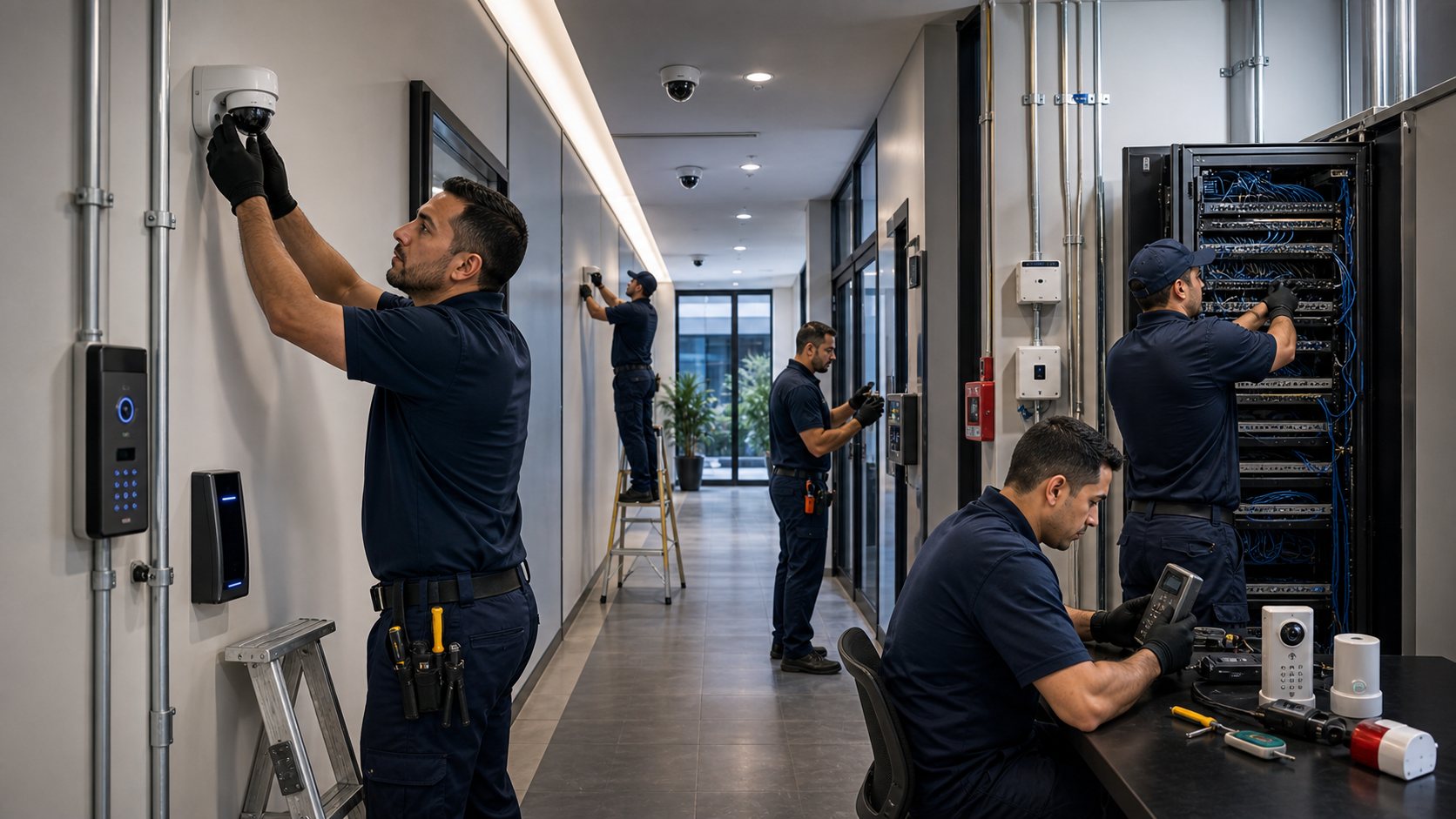 Elétrica de Segurança - Técnicos instalando CFTV, sensores, controle de acesso e cabeamento de segurança