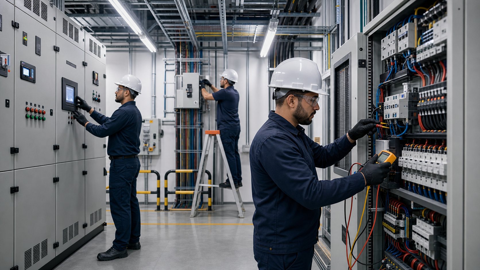 Elétrica Industrial - Técnicos de elétrica industrial inspecionando painéis e infraestrutura elétrica