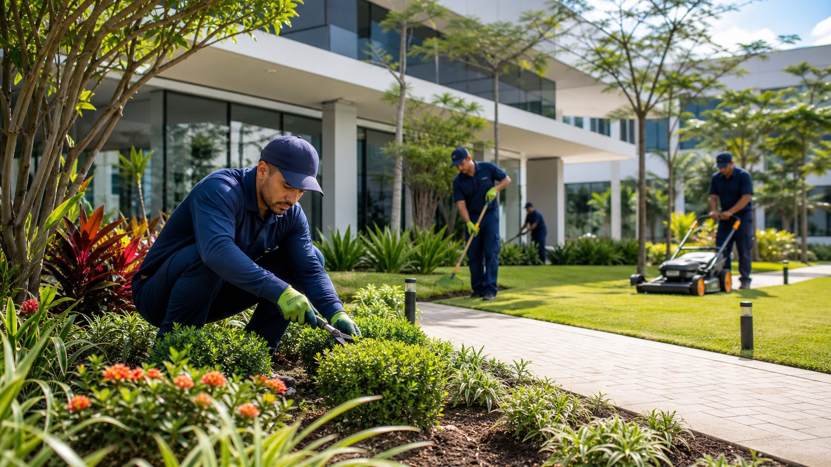 Jardinagem - Equipe de jardinagem cuidando de paisagismo e áreas verdes corporativas
