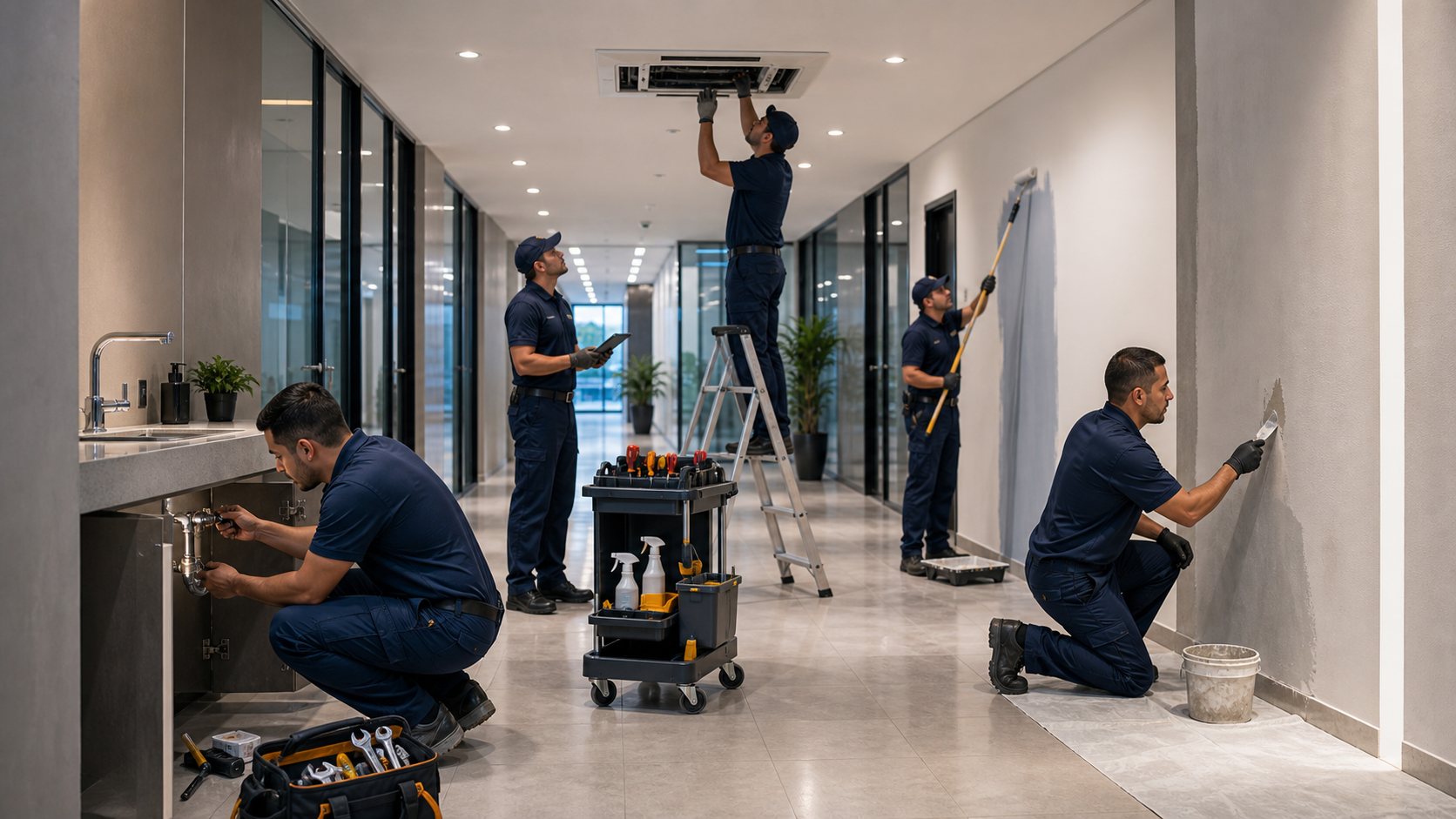 Manutenção Predial - Técnicos realizando manutenção predial preventiva em ambiente corporativo